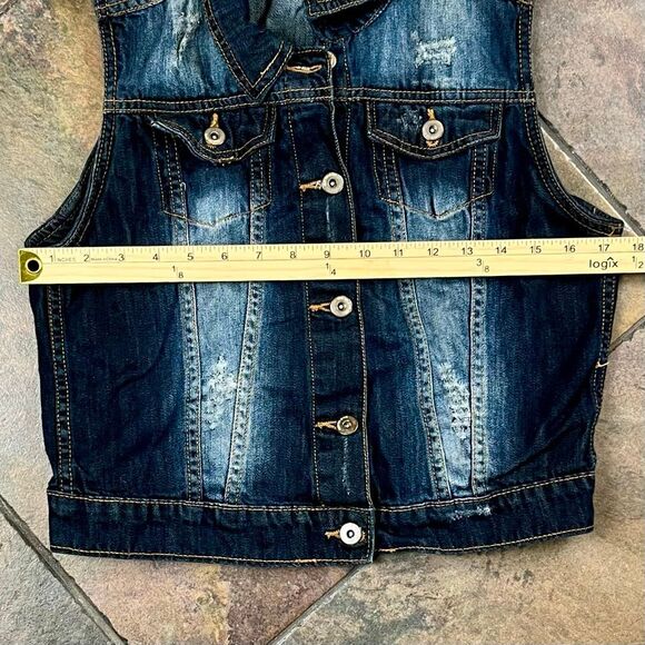 C'est Toi Dark Wash Distressed Sleeveless Denim Vest M - Picture 7 of 9